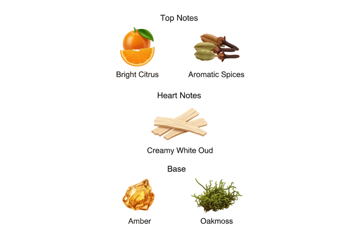 Fragrance notes: Bright Citrus, Aromatic Spices, Creamy White Oud, Amber, Oakmoss